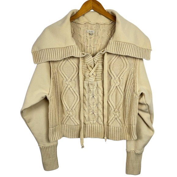 ANTHROPOLOGIE Pilcro Cable Laced Twofer Sweater Creme Size Large Neutral Lace up - Picture 2 of 14